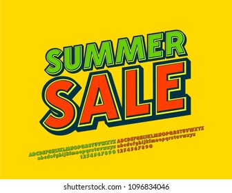 Vector Bright Modern Emblem Summer Sale. Colorful Comic Font. 3D Alphabet Letters and Numbers