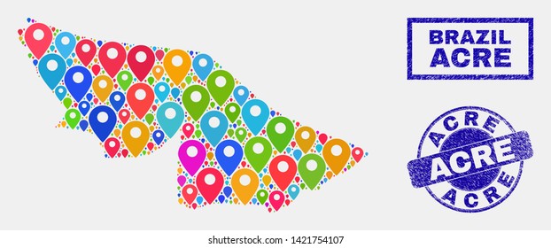 Vector bright mosaic Acre State map and grunge seals. Abstract Acre State map is designed from scattered bright map positions. Stamp seals are blue, with rectangle and rounded shapes.