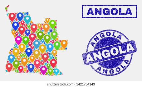 Vector bright mosaic Angola map and grunge seals. Abstract Angola map is designed from random bright map positions. Seals are blue, with rectangle and round shapes. Abstract image for tourist guides.