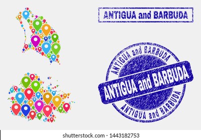 Vector bright mosaic Antigua and Barbuda map and grunge stamps. Abstract Antigua and Barbuda map is designed from scattered colorful map symbols. Stamps are blue, with rectangle and rounded shapes.