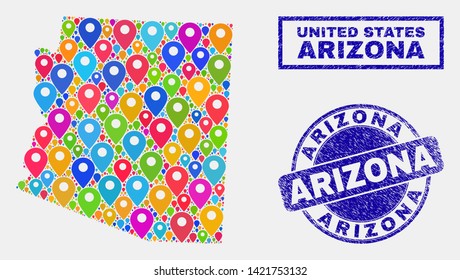 Vector bright mosaic Arizona State map and grunge seals. Abstract Arizona State map is formed from scattered bright geo pins. Seals are blue, with rectangle and round shapes.