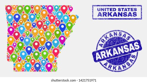 Vector bright mosaic Arkansas State map and grunge stamp seals. Flat Arkansas State map is composed from scattered bright site pointers. Stamp seals are blue, with rectangle and rounded shapes.