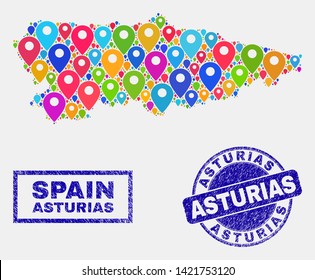 Vector bright mosaic Asturias Province map and grunge stamp seals. Abstract Asturias Province map is designed from scattered colorful geo markers. Seals are blue, with rectangle and round shapes.