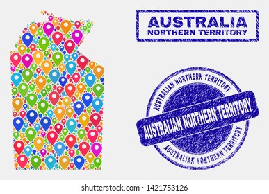 Vector bright mosaic Australian Northern Territory map and grunge stamp seals. Flat Australian Northern Territory map is designed from scattered bright navigation icons. Stamp seals are blue,