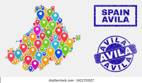 Vector bright mosaic Avila Province map and grunge stamp seals. Flat Avila Province map is created from scattered bright map locations. Seals are blue, with rectangle and round shapes.