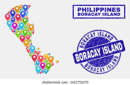 Vector bright mosaic Boracay Island map and grunge watermarks. Abstract Boracay Island map is composed from scattered bright map symbols. Watermarks are blue, with rectangle and round shapes.