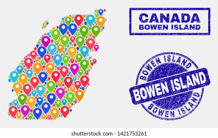 Vector bright mosaic Bowen Island map and grunge seals. Abstract Bowen Island map is formed from random bright navigation symbols. Stamp seals are blue, with rectangle and round shapes.