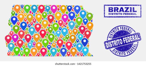 Vector bright mosaic Brazil Distrito Federal map and grunge watermarks. Flat Brazil Distrito Federal map is composed from random bright navigation icons. Watermarks are blue,
