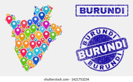 Vector bright mosaic Burundi map and grunge watermarks. Flat Burundi map is composed from randomized bright navigation symbols. Watermarks are blue, with rectangle and round shapes.