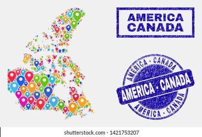 Vector bright mosaic Canada v2 map and grunge seals. Abstract Canada v2 map is created from scattered colorful map positions. Seals are blue, with rectangle and round shapes.