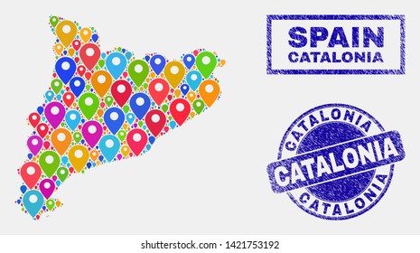 Vector bright mosaic Catalonia map and grunge stamp seals. Abstract Catalonia map is formed from randomized colorful geo symbols. Stamp seals are blue, with rectangle and rounded shapes.