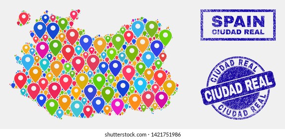 Vector bright mosaic Ciudad Real Province map and grunge stamp seals. Abstract Ciudad Real Province map is formed from randomized bright navigation pointers. Stamp seals are blue,