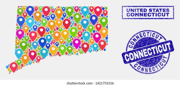 Vector bright mosaic Connecticut State map and grunge stamp seals. Abstract Connecticut State map is formed from randomized bright map symbols. Stamp seals are blue, with rectangle and round shapes.