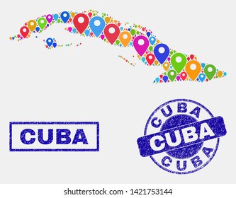 Vector bright mosaic Cuba map and grunge seals. Abstract Cuba map is designed from randomized bright navigation pins. Stamp seals are blue, with rectangle and rounded shapes.