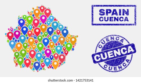Vector bright mosaic Cuenca Province map and grunge stamp seals. Abstract Cuenca Province map is created from random bright navigation positions. Stamps are blue, with rectangle and round shapes.