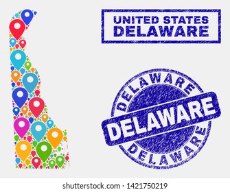 Vector bright mosaic Delaware State map and grunge stamps. Flat Delaware State map is designed from scattered bright map icons. Stamps are blue, with rectangle and round shapes.