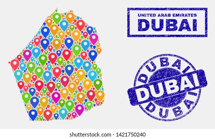 Vector bright mosaic Dubai Emirate map and grunge seals. Abstract Dubai Emirate map is formed from randomized bright map pins. Seals are blue, with rectangle and rounded shapes.