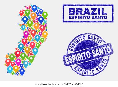 Vector bright mosaic Espirito Santo State map and grunge seals. Abstract Espirito Santo State map is formed from scattered bright map locations. Stamp seals are blue,