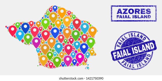 Vector bright mosaic Faial Island map and grunge stamps. Abstract Faial Island map is designed from scattered bright navigation positions. Stamps are blue, with rectangle and rounded shapes.