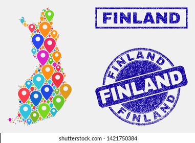 Vector bright mosaic Finland map and grunge stamp seals. Abstract Finland map is designed from random bright map pointers. Seals are blue, with rectangle and rounded shapes.