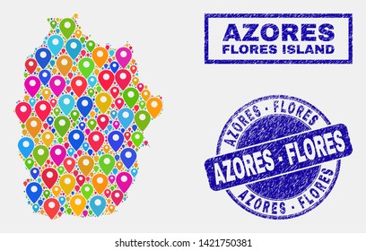 Vector bright mosaic Flores Island of Azores map and grunge stamps. Flat Flores Island of Azores map is composed from random bright site pins. Stamps are blue, with rectangle and round shapes.