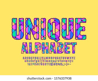 Vector bright Mosaic Font. Colorful Alphabet Letters, Numbers and Symbols