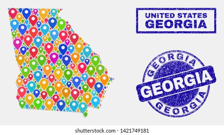 Vector bright mosaic Georgia State map and grunge stamp seals. Flat Georgia State map is formed from scattered bright map locations. Stamp seals are blue, with rectangle and rounded shapes.