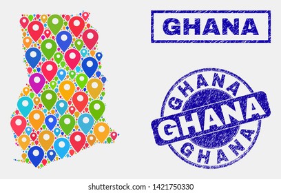 Vector bright mosaic Ghana map and grunge stamp seals. Flat Ghana map is designed from scattered colorful geo locations. Stamp seals are blue, with rectangle and rounded shapes.