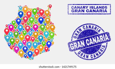 Vector bright mosaic Gran Canaria map and grunge stamps. Abstract Gran Canaria map is designed from randomized bright geo positions. Stamps are blue, with rectangle and round shapes.