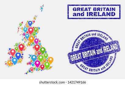 Vector bright mosaic Great Britain and Ireland map and grunge watermarks. Abstract Great Britain and Ireland map is designed from random bright map pins. Watermarks are blue,