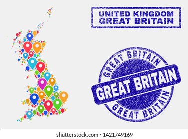 Vector bright mosaic Great Britain map and grunge stamp seals. Abstract Great Britain map is composed from scattered colorful site positions. Stamp seals are blue, with rectangle and round shapes.