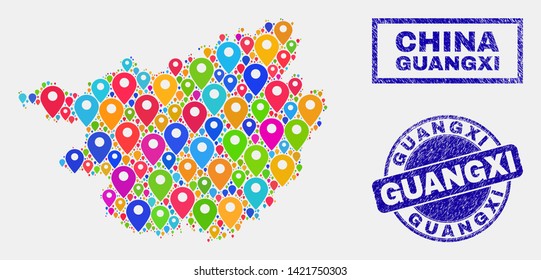 Vector bright mosaic Guangxi Province map and grunge stamp seals. Abstract Guangxi Province map is created from randomized bright map symbols. Stamp seals are blue, with rectangle and rounded shapes.