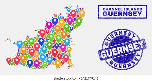 Vector bright mosaic Guernsey Island map and grunge watermarks. Flat Guernsey Island map is designed from scattered bright site pointers. Watermarks are blue, with rectangle and rounded shapes.