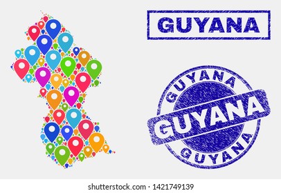 Vector bright mosaic Guyana map and grunge stamp seals. Flat Guyana map is created from random bright site pins. Stamp seals are blue, with rectangle and round shapes.