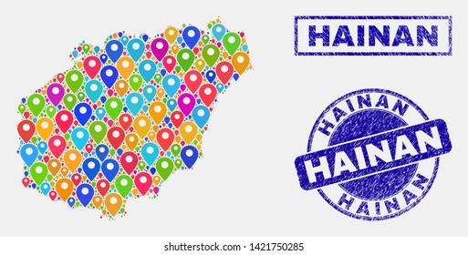 Vector bright mosaic Hainan map and grunge stamp seals. Flat Hainan map is designed from randomized bright geo icons. Stamp seals are blue, with rectangle and rounded shapes.