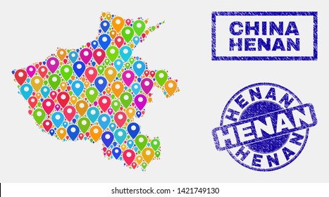 Vector bright mosaic Henan Province map and grunge watermarks. Flat Henan Province map is formed from randomized bright site pins. Watermarks are blue, with rectangle and round shapes.