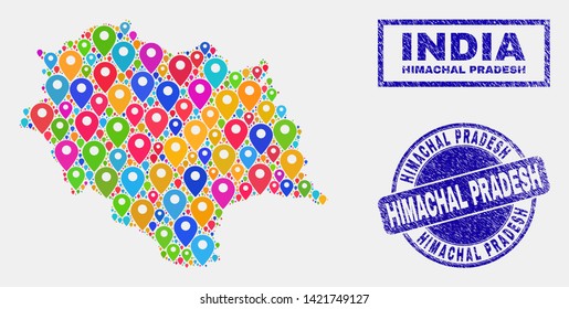 Vector bright mosaic Himachal Pradesh State map and grunge watermarks. Abstract Himachal Pradesh State map is formed from scattered bright map positions. Stamp seals are blue,