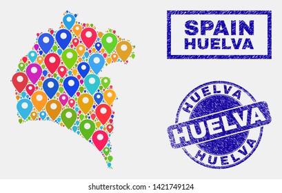 Vector bright mosaic Huelva Province map and grunge stamp seals. Flat Huelva Province map is formed from random bright map icons. Seals are blue, with rectangle and rounded shapes.