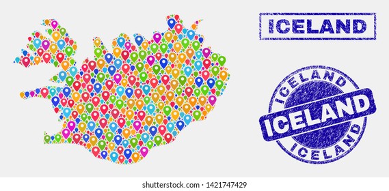 Vector bright mosaic Iceland map and grunge stamp seals. Abstract Iceland map is designed from randomized bright geo symbols. Seals are blue, with rectangle and round shapes.
