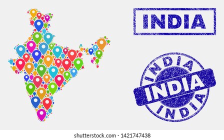 Vector bright mosaic India map and grunge stamp seals. Abstract India map is designed from randomized bright geo locations. Stamp seals are blue, with rectangle and round shapes.