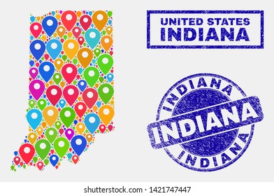 Vector bright mosaic Indiana State map and grunge stamps. Abstract Indiana State map is composed from random bright map locations. Stamps are blue, with rectangle and round shapes.