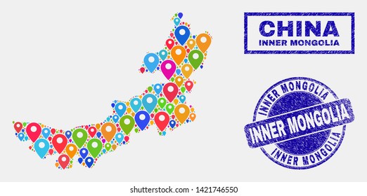 Vector bright mosaic Inner Mongolia map and grunge stamp seals. Abstract Inner Mongolia map is designed from random bright navigation positions. Stamp seals are blue,