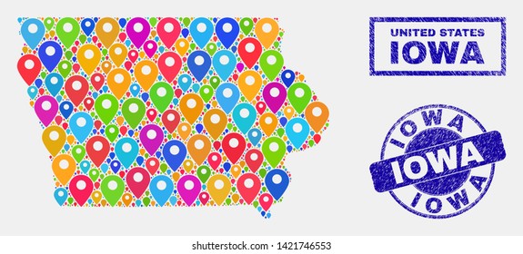 Vector bright mosaic Iowa State map and grunge stamp seals. Abstract Iowa State map is designed from scattered colorful site locations. Stamp seals are blue, with rectangle and round shapes.