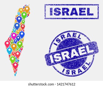Vector bright mosaic Israel map and grunge stamp seals. Flat Israel map is created from random bright geo locations. Stamp seals are blue, with rectangle and rounded shapes.