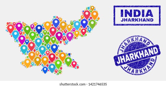 Vector bright mosaic Jharkhand State map and grunge stamp seals. Flat Jharkhand State map is designed from random bright navigation positions. Stamp seals are blue, with rectangle and rounded shapes.