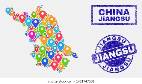 Vector bright mosaic Jiangsu Province map and grunge stamp seals. Abstract Jiangsu Province map is composed from randomized bright site positions. Stamp seals are blue,