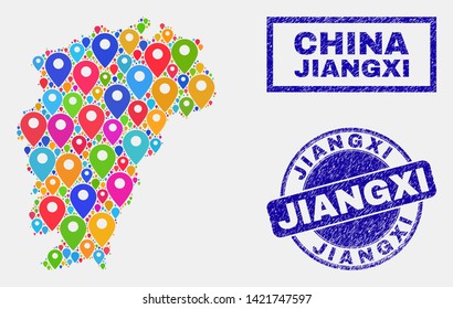 Vector bright mosaic Jiangxi Province map and grunge seals. Abstract Jiangxi Province map is created from randomized bright geo positions. Stamp seals are blue, with rectangle and round shapes.