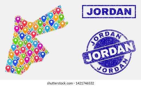 Vector bright mosaic Jordan map and grunge seals. Flat Jordan map is designed from scattered bright map locations. Seals are blue, with rectangle and round shapes. Concept for tourist purposes.