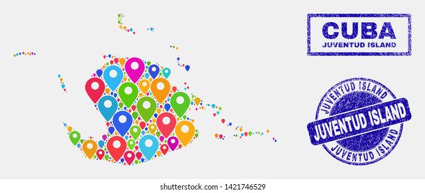 Vector bright mosaic Juventud Island map and grunge stamp seals. Abstract Juventud Island map is created from random colorful geo markers. Stamps are blue, with rectangle and round shapes.
