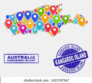 Vector bright mosaic Kangaroo Island map and grunge stamp seals. Abstract Kangaroo Island map is designed from random bright site markers. Seals are blue, with rectangle and rounded shapes.